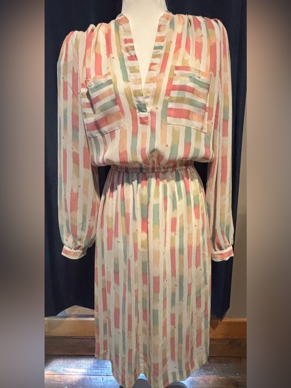Vintage Pastel Stripe Long-Sleeve Midi Sheer Dress with Elastic Waist